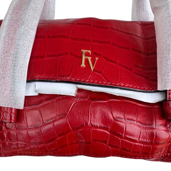 Frances Valentine Red Croc-Embossed Leather Shoulder Bag Long Strap Snap Closure - Picture 12 of 15